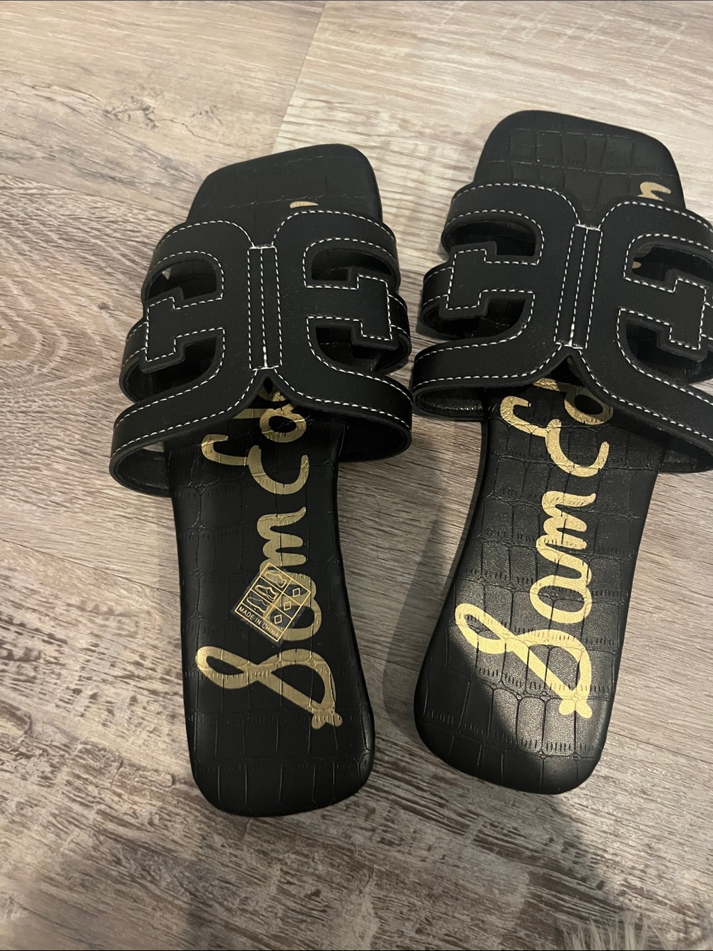 Sam Edelman Black Slide Sandals with Gold Logo Print